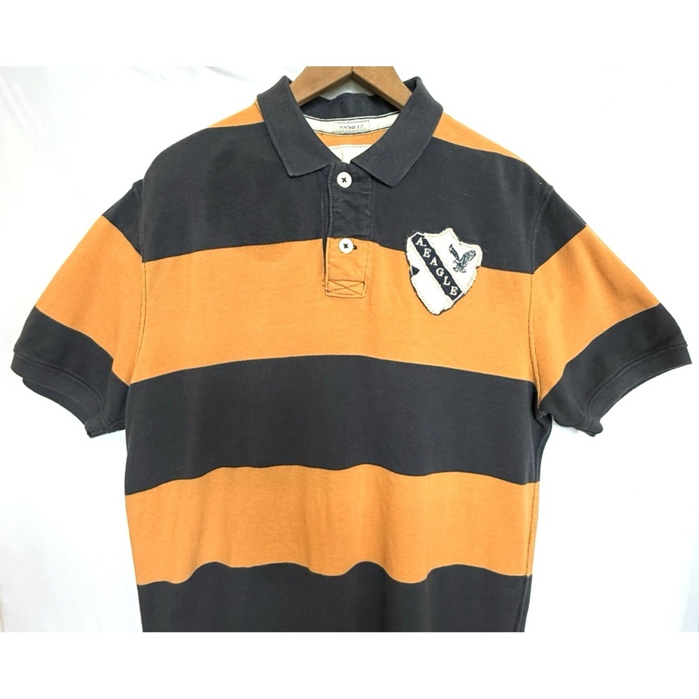 Y2K American Eagle Mens Rugby Striped Polo Shirt Size L Preppy Patch Academia - Picture 3 of 11